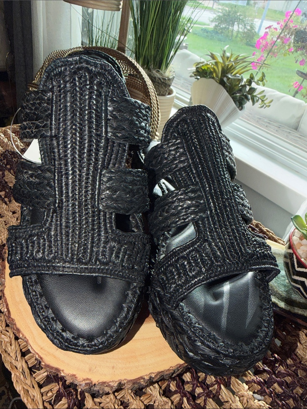 Clergerie Black Woven Raffia Platform Wedge Sandals - Picture 2 of 12
